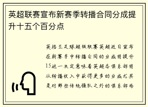 英超联赛宣布新赛季转播合同分成提升十五个百分点